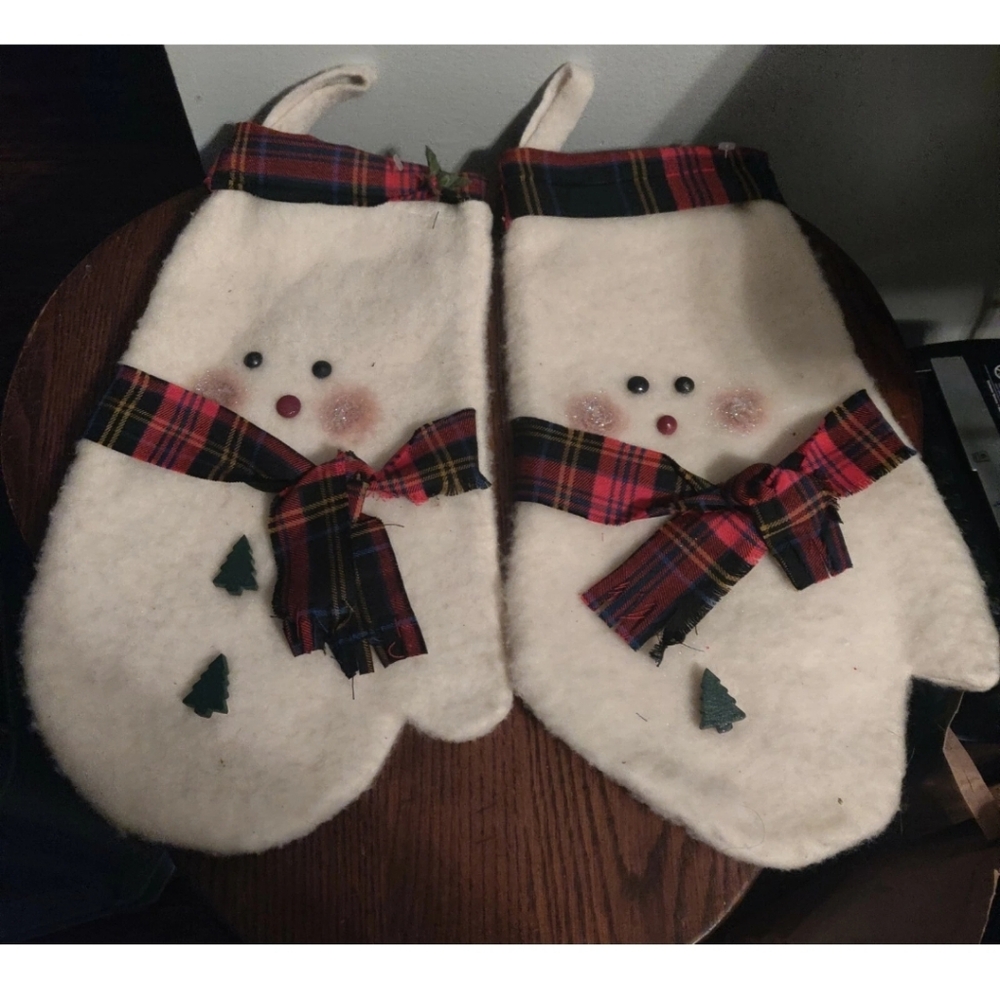 Vintage Snowman Christmas Stockings Mittens with Plaid Accents And Wooden Button